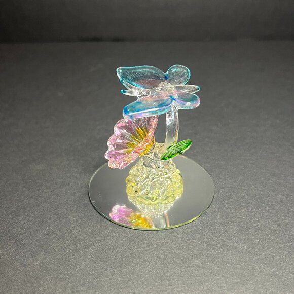 Hand Blown Spun Art Glass Pink & Blue Butterfly on Flower Decorative Figurine - Picture 3 of 6